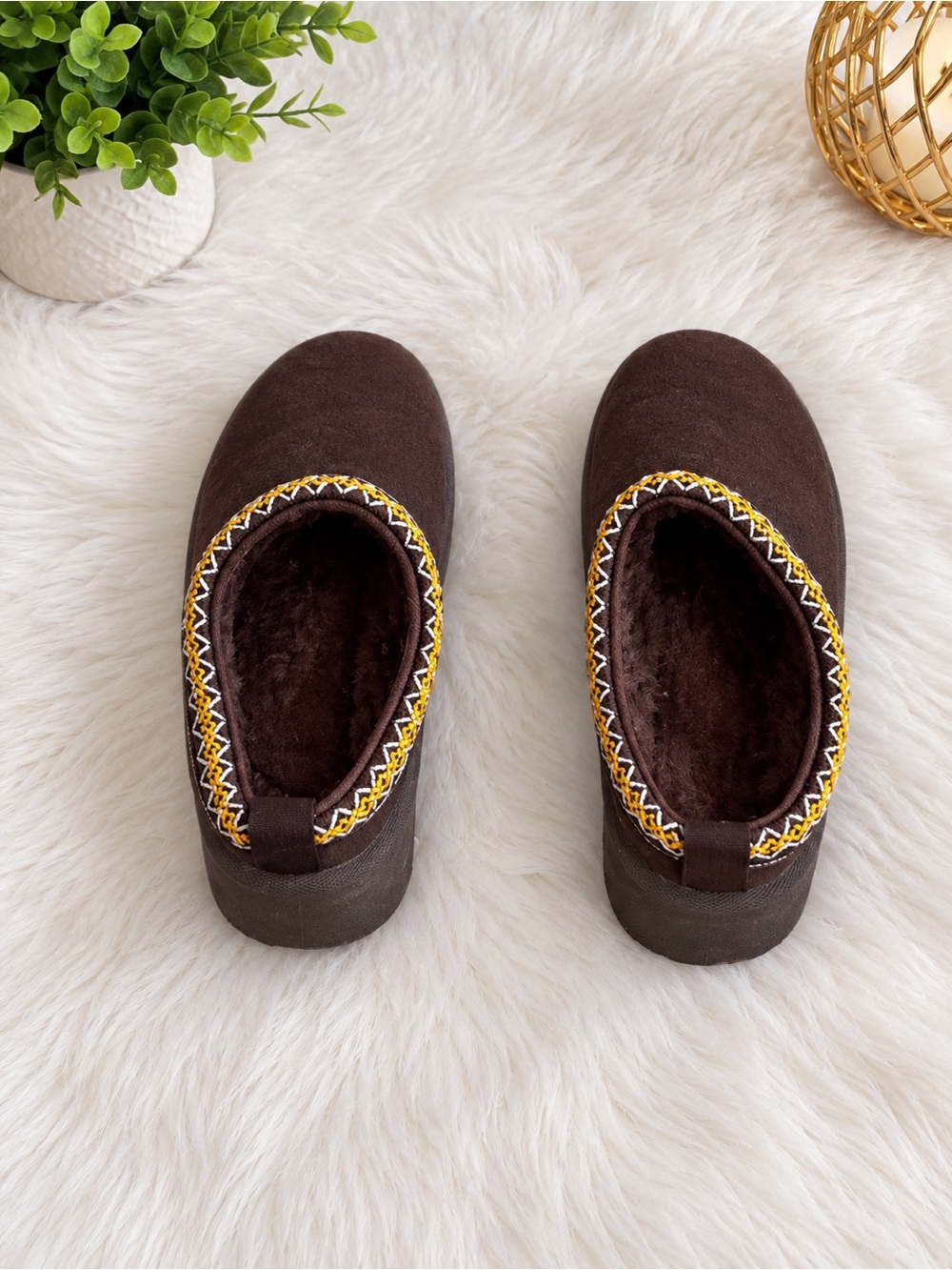 Cozy Women's Brown Slip-On Indoor Shoes with Decorative Trim